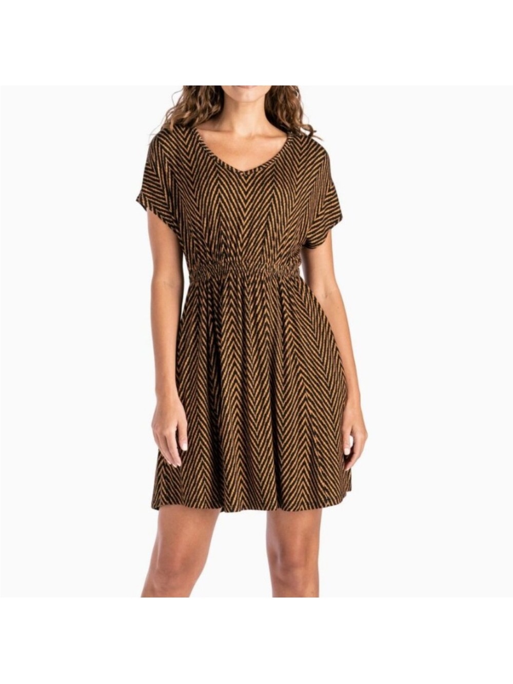 Chevron-Print V-Neck Midi Dress in Brown and Cream